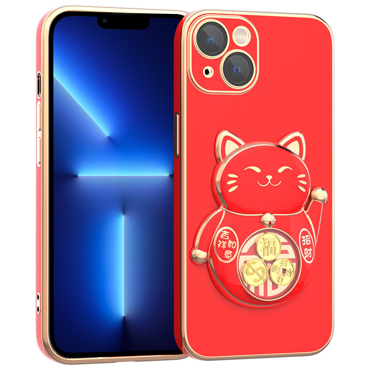 For iPhone 13 6.1 inch Electroplating Phone Case Lucky Fortune Cat Kickstand TPU+PC Shockproof Cover with Camera Lens Protector - Green For iPhone 13 6.1 inch Electroplating Phone Case Lucky Fortune Cat Kickstand TPU+PC Shockproof Cover with Camera Lens Protector - Green